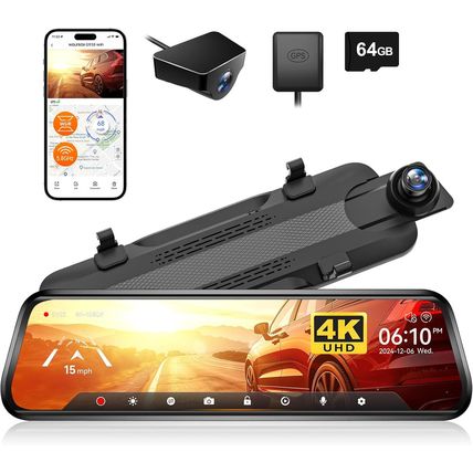 WOLFBOX G930 10'' Rear View Mirror Camera with 5.8Ghz Wifi, 4K Dash Cam Front an