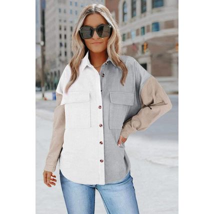 White Color Block Button Shirt with Pocket