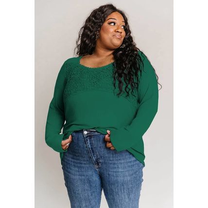 Green Lace Crochet V Neck Long Sleeve Top