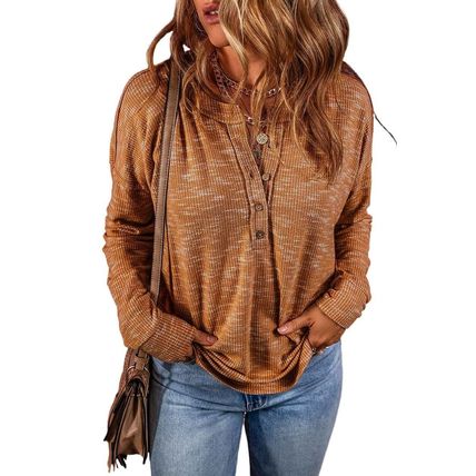 Mustard Rib Knit Drop Shoulder Long Sleeve Henley Top