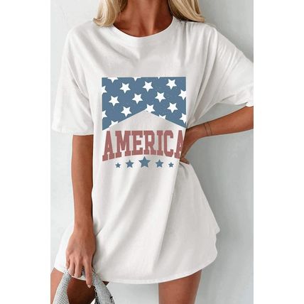White AMERICA Stars Print Round Neck Oversized T Shirt