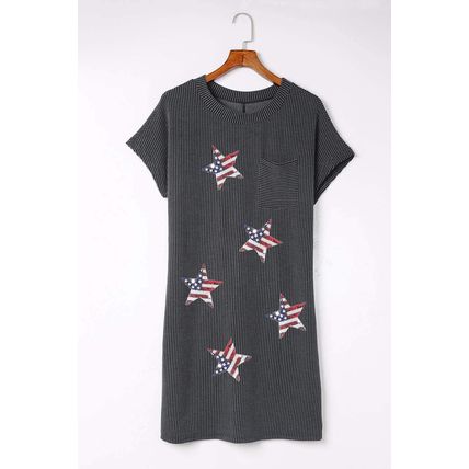 Gray Sequin Flag Stars Ribbed Shift T-shirt Dress