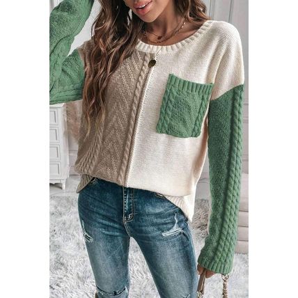 Vineyard Green Colorblock Patched Pocket Drop Shoulder Sweater