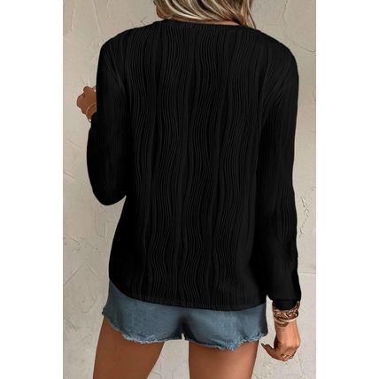 Black Textured Wavy Round Neck Long Sleeve Top