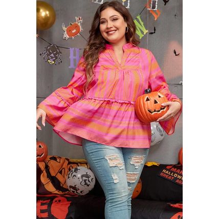 Vitality Orange Plus Size Geometric Embroidered Bell Sleeve Babydoll Blouse