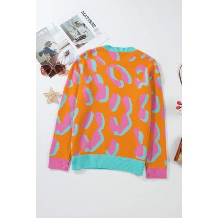 Orange Leopard Colorblock Ribbed Edge Sweater