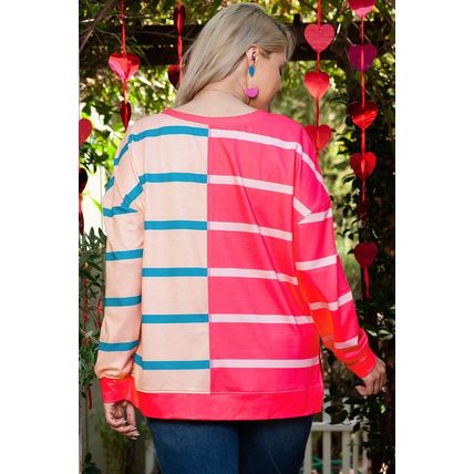 Rose Stripe Color Block Crewneck Long Sleeve Plus Size T Shirt