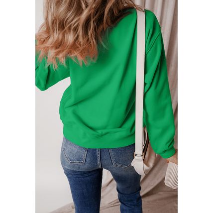 Dark Green Merry Print Fleece Lined Drop Shoulder Christmas Sweatshirt