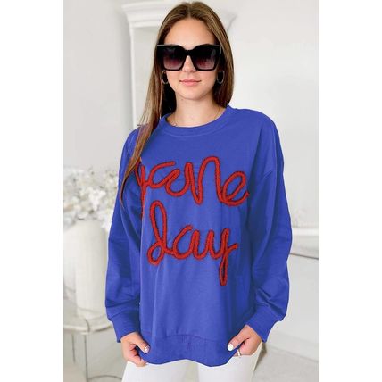 Dark Blue Tinsel Game Day Drop Shoulder Graphic Sweatshirt