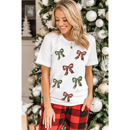 White Christmas Bowknot Graphic Cotton Blend T Shirt