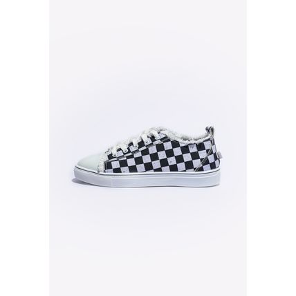 Black Checkered Print Raw Edge Lace-up Canvas Shoes