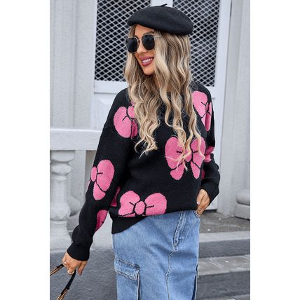 Black Valentine Bowknot Knitted Round Neck Fashion Sweater