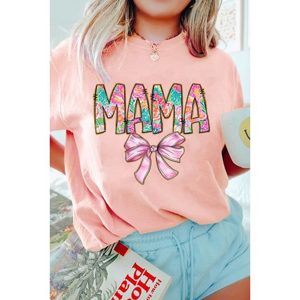 Pink Floral MAMA Bowknot Print Crewneck T Shirt