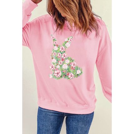 Pink Floral Bunny Printed Crewneck Easter Fashion Sweatshirt