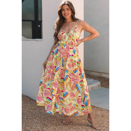 Orange Abstract Print Spaghetti Strap Piping Detail Maxi Dres