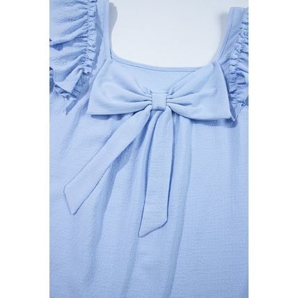 Beau Blue Textured Bow Knot Frilled Butterfly Sleeve Blouse