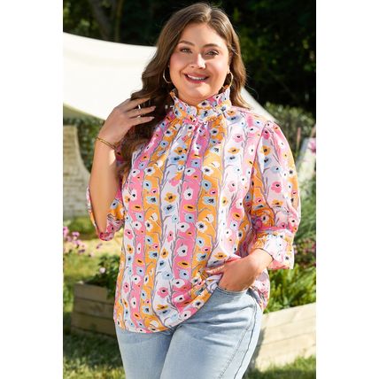 Pink Floral Ruffled Collar Bracelet Sleeve Plus Size Blouse Top