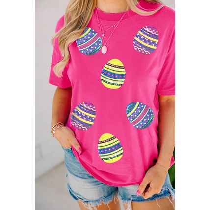 Rose Red Sequin Easter Egg Graphic Casual T Shirt