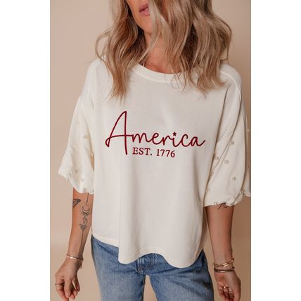 White America EST 1776 Embroidered Pearl Beaded Sleeve T Shirt