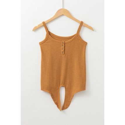 Straw Yellow Ribbed Front Knot Buttoned Thin Strap Tank Top