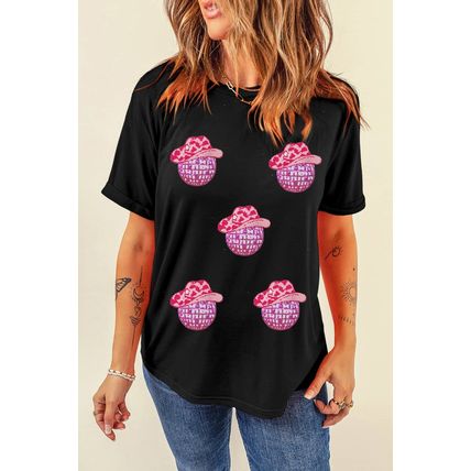 Black Cowboy Hat Disco Ball Patched Round Neck T Shirt