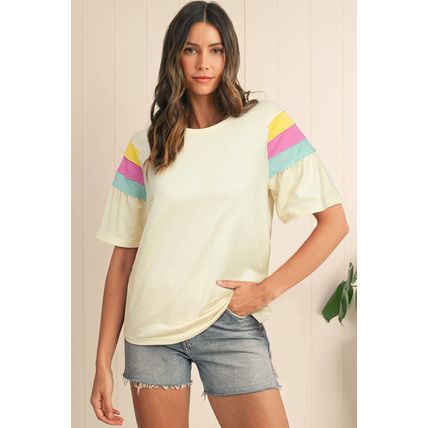 White Color Block Stitched Sleeve Loose T Shirt