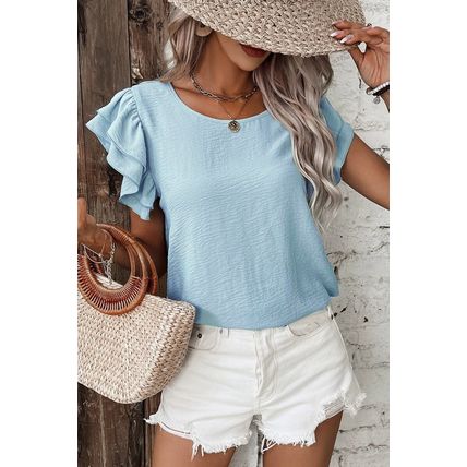 Mist Blue Solid Color Ruffled Short Sleeve Casual Blouse
