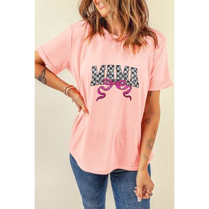 Pink Sequin Checkered MAMA Bow Graphic T Shirt