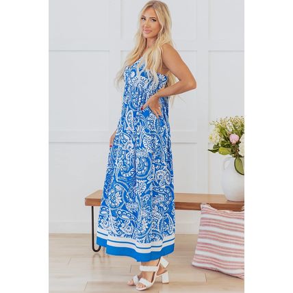 Blue Paisley V Neck Crisscross Backless Maxi Dress