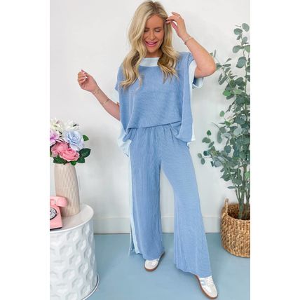 Sky Blue 2-tone Colorblock Patchwork Corded 2pcs Outfit