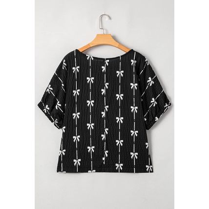 Black Bow Print Puff Short Sleeve Top
