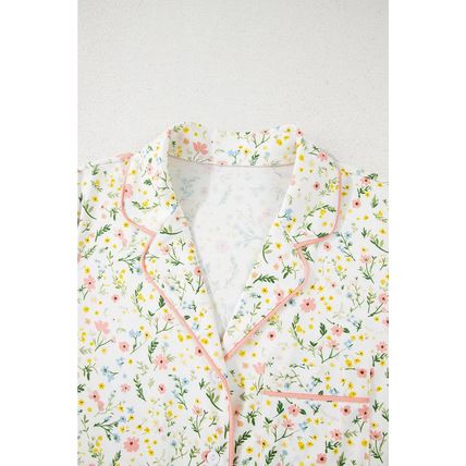 White Floral Print Contrast Pipping Short Pajamas Set