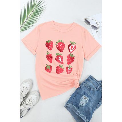 Pink Strawberry Fruit Pattern Graphic Tee