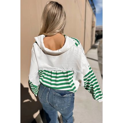 Green Stripe Colorblock Collared V Neck Cropped Knit Pullover