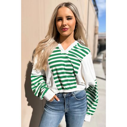 Green Stripe Colorblock Collared V Neck Cropped Knit Pullover