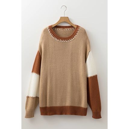Light French Beige Contrast Stitch Detail Color Block Knitted Plus Size Sweater