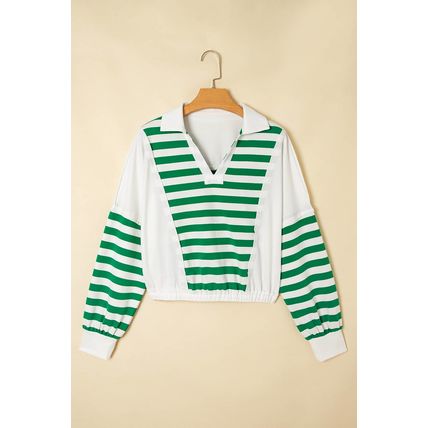 Green Stripe Colorblock Collared V Neck Cropped Knit Pullover