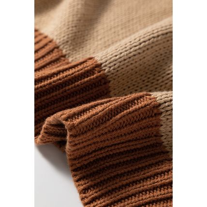Light French Beige Contrast Stitch Detail Color Block Knitted Plus Size Sweater