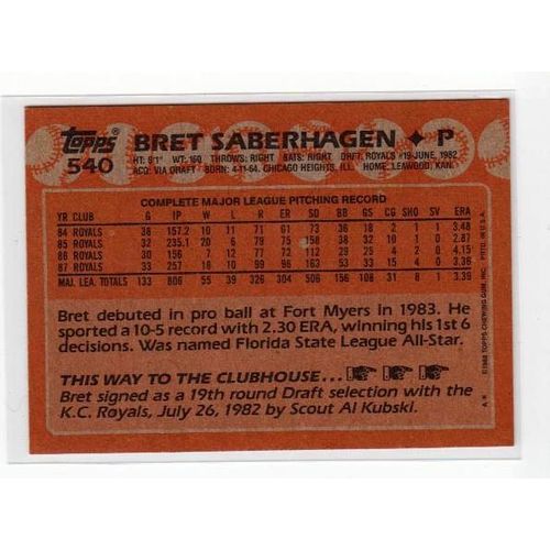 1988 Topps Bret Saberhagen baseball card #540 – Royals