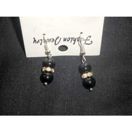 Elegant jet black glass & clear crystal rhinestone short drop earrings