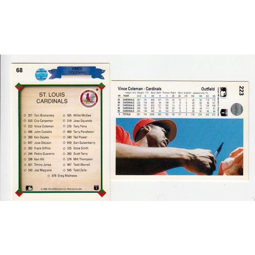 Lot of Two 1990 Upper Deck Vince Coleman cards #68, #223 – Cardinals checklist