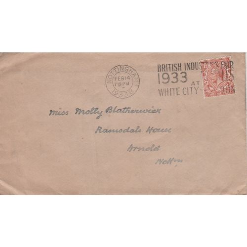 GB 1933 cover from Nottingham to Arnold Notts with British Industry Fair frank