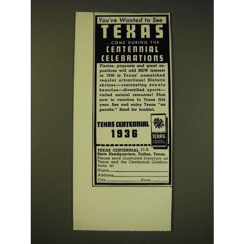 1936 Texas Centennial Ad - Come during the Centennial Celebrations