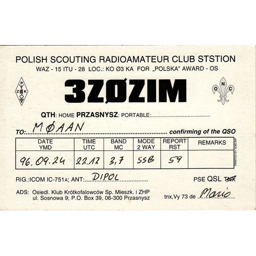 Polish Amateur Radio QSL Card 3Z0ZIM Przasnysz Poland 1996 3ZØZIM Scout Scouting