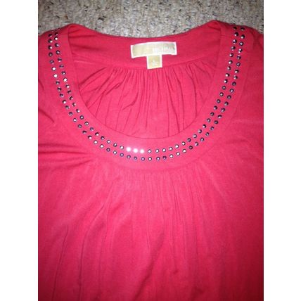 Michael Kors Blouse Women Pink-Coral Jewelry Beaded Neckline Short Sleeve Size L