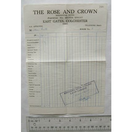 1959 invoice The Rose and Crown, East Gates, Colchester, Brenda Knight