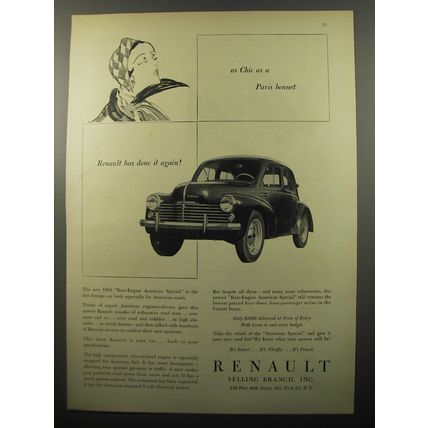 1950 Renault Car Ad - As Chic as a Paris bonnet Renault has done it again!