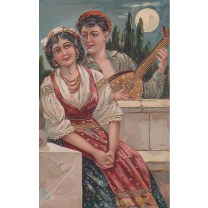 Man + Lady Ukelele Antique Guitar Musical Instrument Singing Romance Postcard