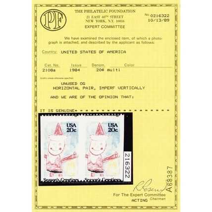2108a, Mint NH Fine as Always 20¢ Imperforate Between Error PFC Cert Stuart Katz