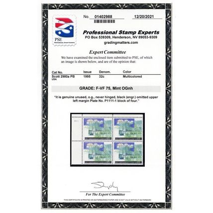 2980a, Mint VF NH 32¢ Black Color Omitted Plate Block Error PSE Cert Stuart Katz